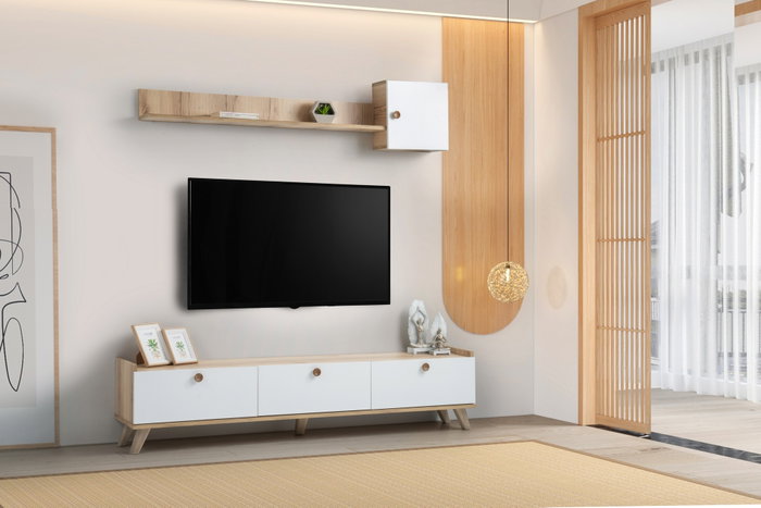 Hanah Home E4020 Mueble TV Escandinavo Roble y Blanco 178x34.6x44.8cm Elegancia Funcional
